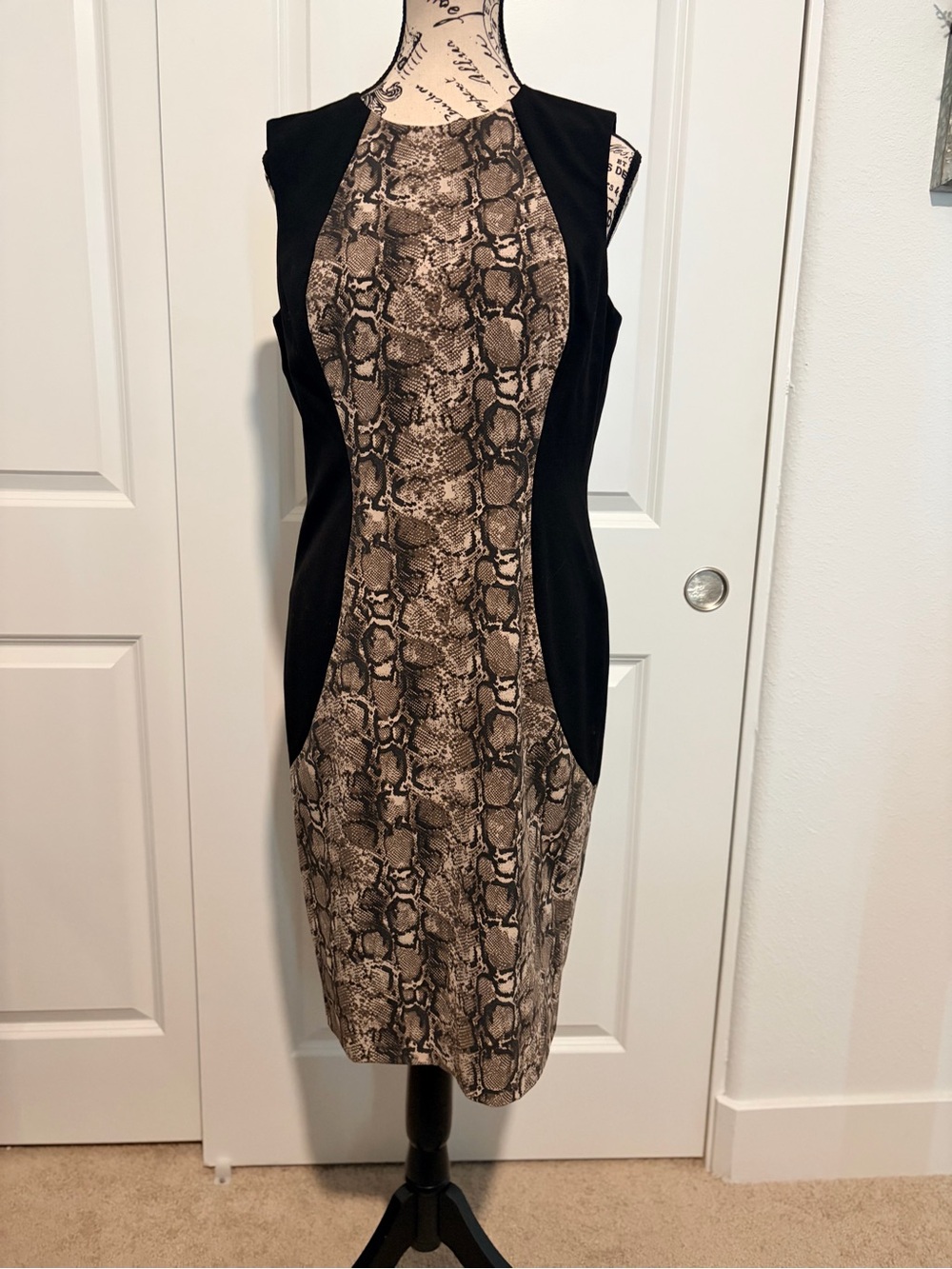 Calvin Klein Black & Taupe Snake-Print Sheath Midi Dress